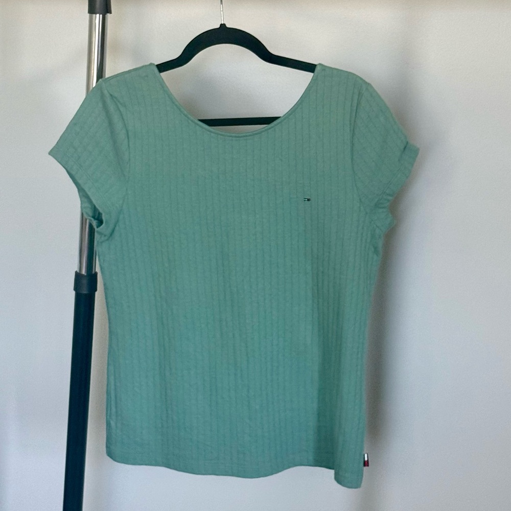 Y2K Tommy Hilfiger Women's L Green Short Sleeve Tee cotton